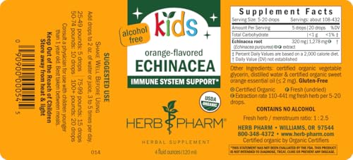 Herb Pharm Kids Certified-Organic Alcohol-Free Echinacea Glycerite Liquid Extract, 4 oz