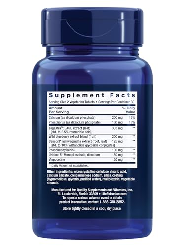 Life Extension Cognitex® Elite, sage, Blueberry, ashwagandha, phosphatidylserine, vinpocetine, Attention, Focus, Mood & Memory, Gluten-Free, Non-GMO, Vegetarian, 60 Tablets
