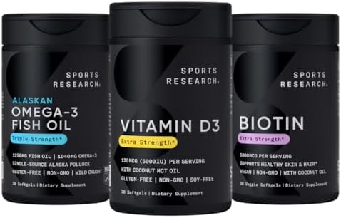 Sports Research® Body Wellness Pack - Triple Strength Omega-3 Fish Oil 1250mg from Wild Alaska Pollock, Vitamin D3 5000 IU with Coconut MCT Oil (125mcg) and Vegan Biotin 5000mcg Vitamin B7