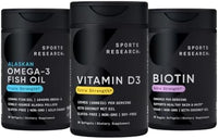 Thumbnail for Sports Research® Body Wellness Pack - Triple Strength Omega-3 Fish Oil 1250mg from Wild Alaska Pollock, Vitamin D3 5000 IU with Coconut MCT Oil (125mcg) and Vegan Biotin 5000mcg Vitamin B7