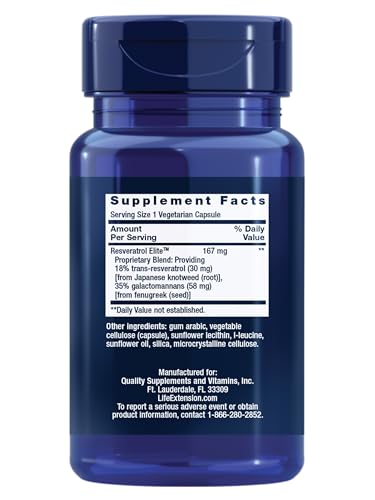Life Extension Resveratrol Elite, Trans-resveratrol, Healthy Aging, Cardiovascular Health, Brain Health, oxidative Stress, Gluten-Free, Non-GMO, Vegetarian, 30 Capsules