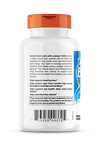 Doctor's Best Lutein Supplement 20mg with Zeaxanthin - Lutein for Eyes, Eye Health Vitamins for Men & Women, Vision and Macular Health Support, Lutemax 2020 Marigold Flower Extract - 180 Softgels