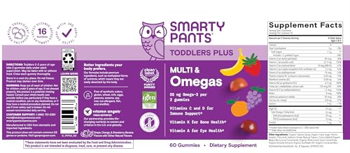 SmartyPants Toddler Multivitamin Gummies, Omega 3 (DHA/EPA), Vitamins D3, C, Vitamin B12, B6, A, K & Zinc, Biotin, Gluten Free, Three Fruit Flavors, 60 Count (30 Day Supply)