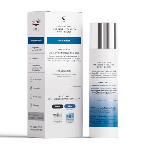 Eucerin Face Immersive Hydration Night Cream with Hyaluronic Acid and Provitamin B5, Ultra-Lightweight Face Moisturizer Smooths Fines Lines and Wrinkles, 2.5 Oz Bottle