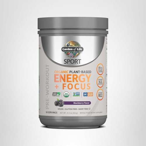 Garden of Life Sport Organic Plant Based Energy + Focus Clean Pre Workout Powder, with 85mg Caffeine, Natural No Booster, B12, Vegan, Gluten Free, Non-GMO, BlackBerry, 15.3 Oz