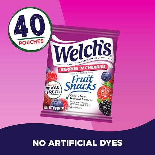 Welch's Fruit Snacks, Berries 'N Cherries Snack Box, Gluten Free, 0.8oz Snack Packs (Pack of 40)