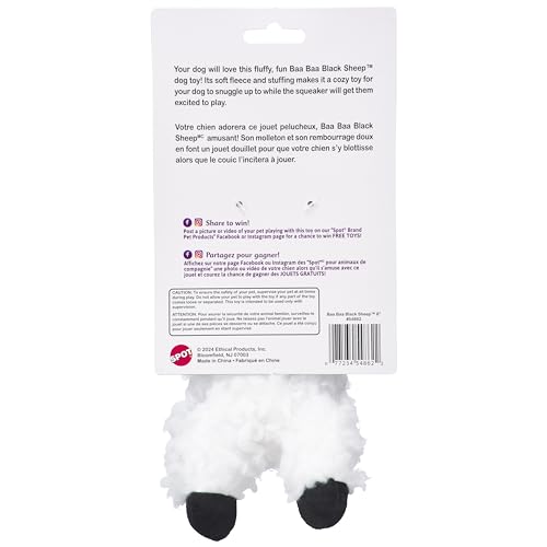 SPOT Baa Baa Black Sheep Plush Dog Toy - Cute and Cuddly Fleece Toy with Squeaker for Small Dogs and Puppies, 8in Black and White Lamb