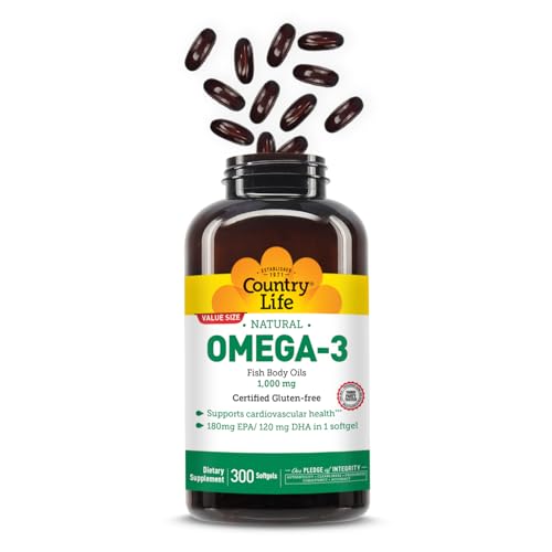 Country Life Omega-3 Fish Oil Supplement, 1000mg, 180mg EPA & 120mg DHA, Fish Oil Concentrate, Burpless, 300 Softgels, Certified Gluten Free