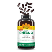 Thumbnail for Country Life Omega-3 Fish Oil Supplement, 1000mg, 180mg EPA & 120mg DHA, Fish Oil Concentrate, Burpless, 300 Softgels, Certified Gluten Free
