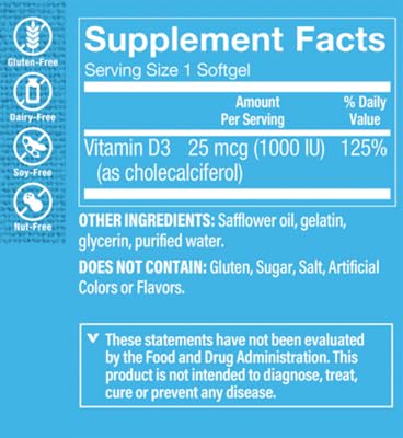 Vitamin D3 1000IU Softgel, Supports Bone & Immune Health, Aids in Cellular Growth & Calcium Absorption, Gluten Free & Once Daily Formula (100 Softgels) by The Vitamin Shoppe