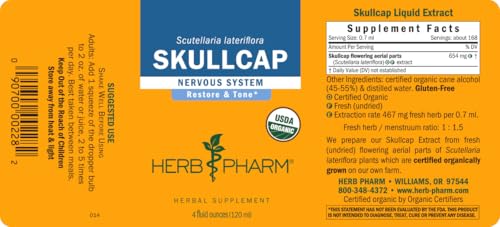Herb Pharm Certified Organic Skullcap Liquid Extract for Nervous System Support, Organic Cane Alcohol, 4 Ounce