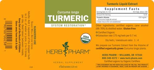 Herb Pharm Certified Organic Turmeric Root Liquid Extract for Musculoskeletal System Support - 4 oz