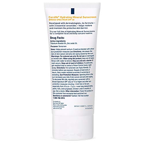 CeraVe 100% Mineral Sunscreen SPF 30, Face sunscreen With Zinc Oxide & Titanium Dioxide, Hyaluronic Acid + Niacinamide + Ceramides, Oil Free, Travel Size 2.5 oz