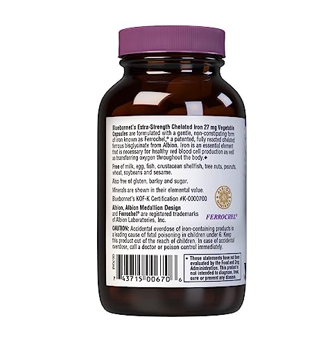 Bluebonnet Nutrition Albion Extra-Strength Chelated Iron 27 mg, For Healthy Red Blood Cell production*, Soy-Free, Gluten-Free, Non-GMO, Kosher, Dairy-Free, Vegan, 90 Vegetable Capsule, 90 Serving