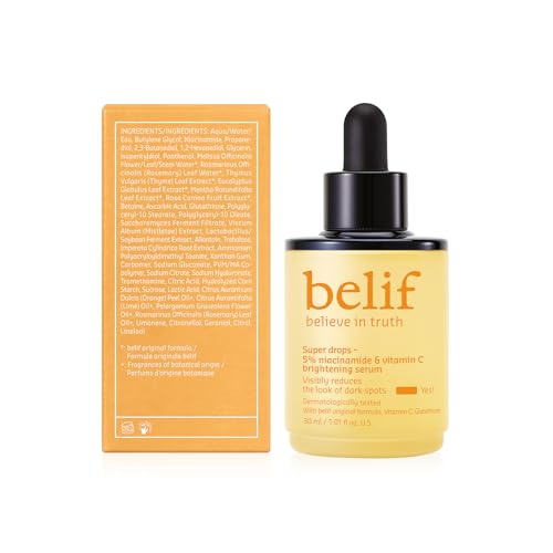 belif Niacinamide 5% & Vitamin C Super Drops Serum – Radiance-Boosting Serum for Uneven Skin Tone with AHA & Glutathione, Redness & Improve Post-Blemish Marks, Korean Skincare, 1.01 fl oz