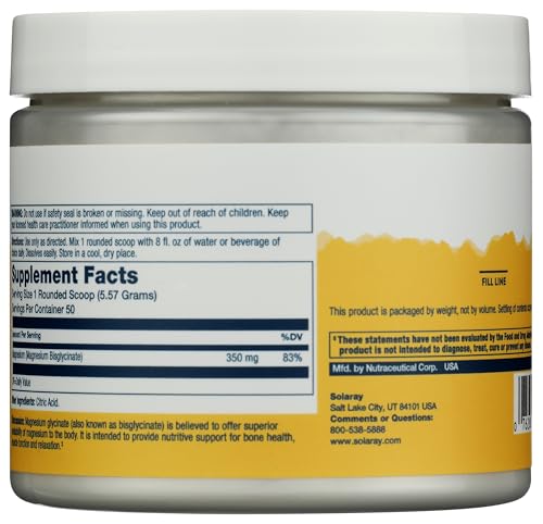 SOLARAY Magnesium Glycinate Powder 350 mg - Unflavored Magnesium Powder - Magnesium Supplement for Bone, Muscle, and Relaxation Support - Vegan, Non-GMO, 60-Day Guarantee - 50 Servings, 6 OZ
