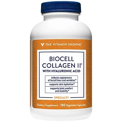 The Vitamin Shoppe Brand BioCell Collagen Capsules with Hyaluronic Acid, 1000 mg Collagen per Serving, Supplement for Men and Women, Supports Daily Wellness Routines, Gluten Free, Non GMO,180 Capsules