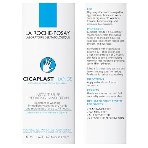 La Roche-Posay Cicaplast Hand Cream, Instant Relief Moisturizing Hand Lotion for Dry Hands, Shea Butter Lotion for Dry Cracked Hands, Non Greasy, Fragrance Free, 1.69 Fl Oz (Pack of 1)