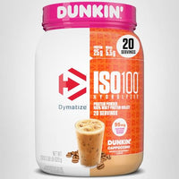 Thumbnail for Dymatize x Dunkin' Cappuccino ISO100 Whey Protein Powder, 95mg Caffeine, 25g of Protein5.5g BCAAs, 120 Cal., Gluten Free, 1g Fat, 1g Sugar, 2g Carb (20 Servings)
