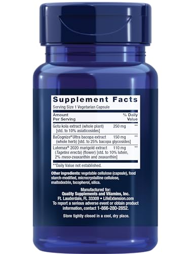 Life Extension Quick Brain Nootropic, Fast Thinking, Learning, Concentration, Lutein, zeaxanthin, gotu kola, bacopa, Gluten Free, Non-GMO, Vegetarian, 1 Daily, 30 Capsules