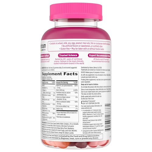 Centrum MultiGummies Multi+ Beauty Dual Action Multivitamin, Specially Designed with Biotin for Healthy Hair, Skin and Nails, Cherry/Berry/Orange Flavors - 100 Count