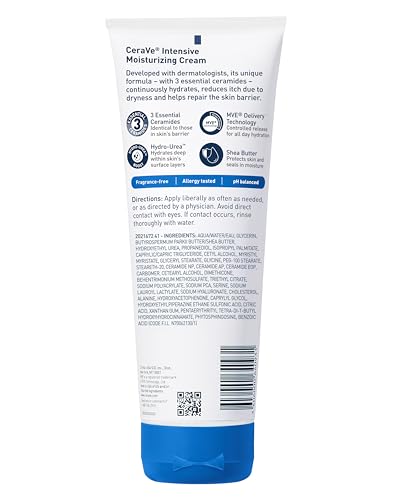 CeraVe Intensive Moisturizing Cream, Body Moisturizer With Shea Butter, 72H Hydration + Skin Barrier Repair, Fragrance-Free Body Lotion For Extremely Dry Skin, 8oz