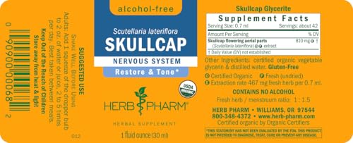 Herb Pharm Certified Organic Skullcap Liquid Extract for Nervous System Support, 1 Fl Oz