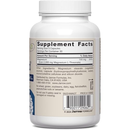 Jarrow Formulas Magnesium L-Threonate, MagMind Magtein Magnesium Supplement, Brain Supplements for Memory Support, 90 Veggie Capsules, Up to a 30 Day Supply