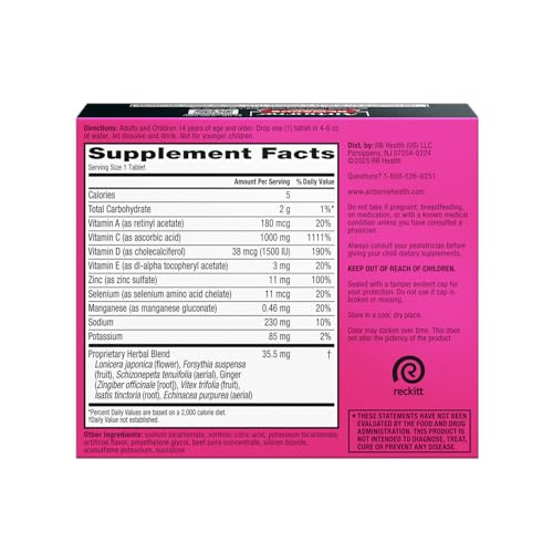 Airborne 1000mg Vitamin C with Vitamin D & Zinc, Sugar Free Multivitamin Immune Support Supplement, Antioxidants Vitamins A C & Vitamin E, 30 Effervescent Tablets, Very Berry Flavor