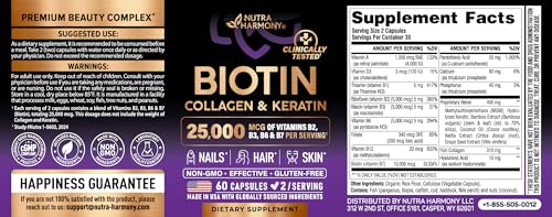 NUTRAHARMONY Biotin | Collagen | Hyaluronic Acid | Keratin - Support Normal Hair Growth Cycle - Skin & Nails - 25000mcg Vitamins B1, B2, B3, B6 & B7 - for Women & Men - Made in USA | 60 Capsules