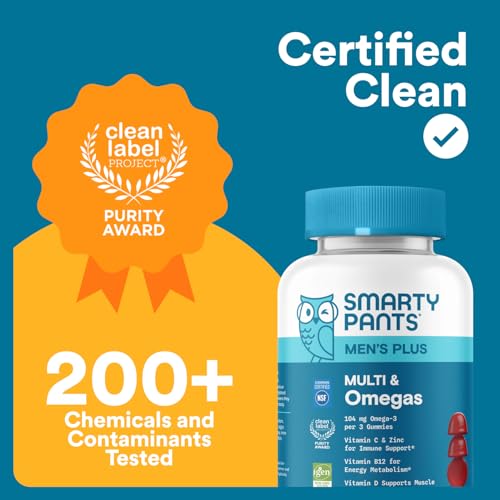 SmartyPants Men's Multivitamin Gummies, Omega 3 (DHA/EPA), Methylfolate, Vitamin D3, C, Vitamin B12, B6, Vitamin A, K, Zinc & Selenium, Gluten Free, 90 Count (30 Day Supply)