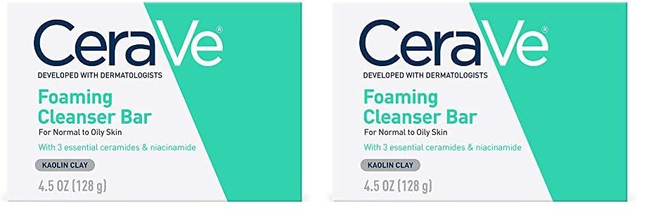 CeraVe Foaming Cleanser Bar | Soap-Free Body and Face Cleanser Bar for Oily Skin | Fragrance Free | 4.5 Ounce (Pack of 2)