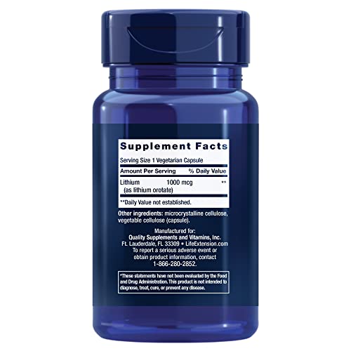 Life Extension Lithium 1000 mcg - for Brain Health, Anti-Aging & Longevity - Memory & Cognition, Mood Support Supplement -Once Daily - Gluten-Free, Non-GMO - 100 Count