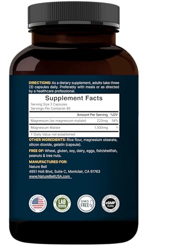 NatureBell Magnesium Malate 1,500mg, 240 Capsules | Chelated for High Absorption | Energy & Nervous System Support | Non-GMO, Gluten-Free