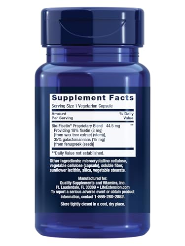 Life Extension Bio-Fisetin, Fisetin, galactomannans from Fenugreek Seed, Cellular Health, Cognitive Health, Longevity, Gluten-Free, Vegetarian, Non-GMO, 30 Vegetarian Capsules