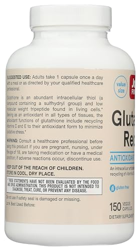 Jarrow Formulas Glutathione Reduced 500 mg - 150 Veggie Capsules - Intracellular Antioxidant - Quality Glutathione Supplements - Supports Recycling of Vitamins C & E - Non-GMO - Gluten Free - Vegan