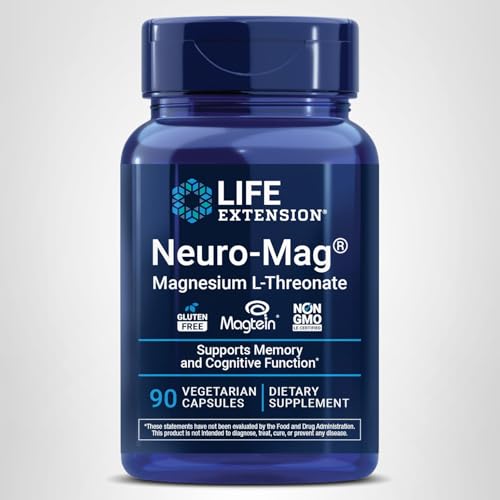 Life Extension Neuro-Mag Magnesium L-Threonate, Memory Health, Quick Thinking, Cognitive Health Support, Vegetarian, Non-GMO, 90 Vegetarian Capsules (144 mg from 2000 mg Magtein magnesium L-threonate