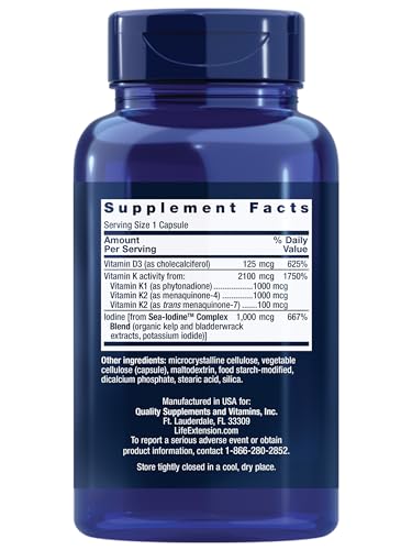 Life Extension Vitamins D and K with Sea-Iodine, vitamin D3, vitamin K1 and K2, iodine, supports immune, bone, arterial and thyroid health, non-GMO, gluten-free, 60 capsules