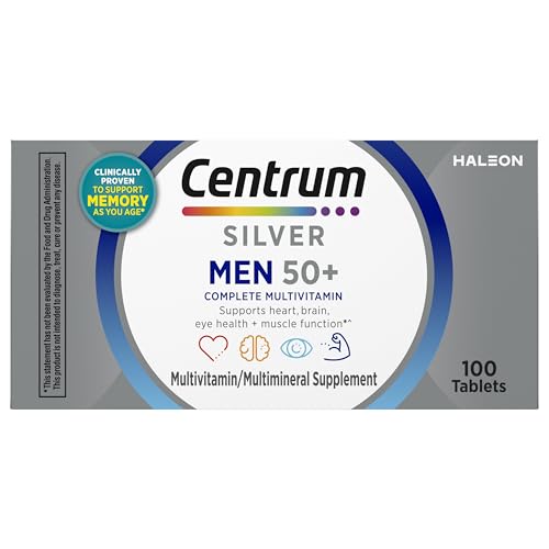 Centrum Silver Multivitamin for Men 50 Plus, Multimineral Supplement, Vitamin D3, B-Vitamins and Zinc, Gluten Free, Non-GMO Ingredients, Supports Memory and Cognition in Older Adults - 100 Ct