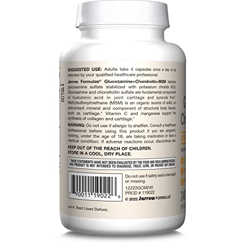 Jarrow Formulas Glucosamine, Chondroitin, and MSM Capsules; Joint Support Supplement with Vitamin C and Manganese, Bone & Joint Health, 240 Capsules, 60 Day Supply