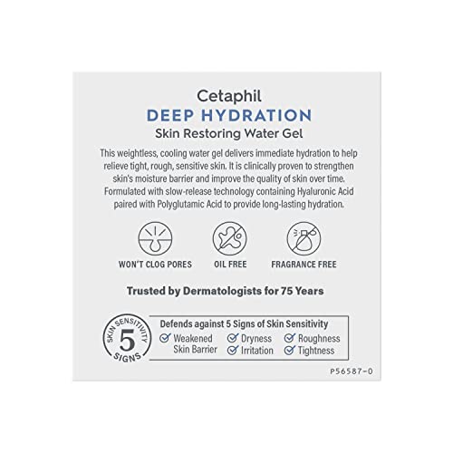 Cetaphil Deep Hydration Skin Restoring Water Gel with Hyaluronic and Polyglutamic Acid, Face Moisturizer, 72 Hour Hydration, For Dry, Dehydrated Sensitive Skin, Fragrance Free, 1.7 oz, Fragrance Free