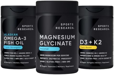 Sports Research® Multivitamins Pack - 160 mg Chelated Magnesium Glycinate + Triple Strength Omega-3 Fish Oil 1250 + Vegan Vitamin D 5000iu & Mk7 Vitamin K 100mcg