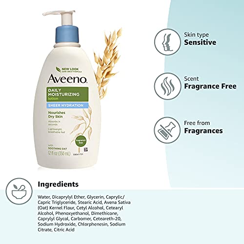Aveeno Sheer Hydration Daily Moisturizing Fragrance-Free Lotion with Nourishing Prebiotic Oat, Fast-Absorbing Body Moisturizer for Dry Skin with Lightweight, Breathable Feel, 12 fl. oz (Pack of 2)