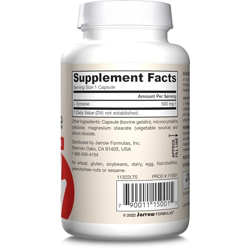 Jarrow Formulas® L-Tyrosine 500 mg, Dietary Supplement, Amino Acid Supplement for Brain Health Support, 100 Capsules, 100 Day Supply