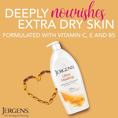 Jergens Ultra Healing Dry Skin Lotion, Hand and Body Moisturizer for Quick Absorption into Extra Dry Skin with Hydralucence Blend, Vitamins C, E and B5, White, 32oz