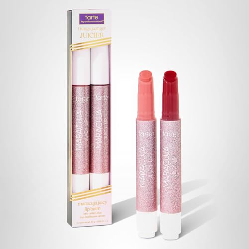 tarte maracuja juicy lip balm bestsellers duo – Hydrating & Nourishing Lip Gloss Balm with Vitamin E, Vegan & Cruelty-Free, full size, rose & passion fruit