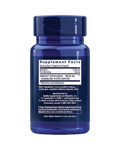 Life Extension Optimized Saffron, Saffron Extract, Saffron Supplement That Helps You Fight The urge to Snack, Non-GMO, Gluten-Free, Vegetarian, 60 Vegetarian Capsules