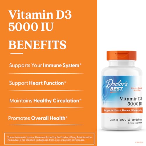 Doctor's Best Vitamin D3 5,000 IU for Healthy Bones, Teeth, Heart and Immune Support, Non-GMO, Gluten-Free, Soy Free, 360 Count (Pack of 1)