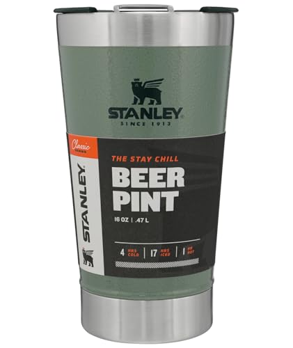 STANLEY Stay-Chill Beer Pint 16 oz | Wide Mouth Lid | Built-In Bottle Opener | Beer Tumbler Cup | Insulated Stainless Steel Pint Glass | BPA-Free | Hammertone Green