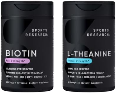 Sports Research® Vegan Biotin 10,000mcg with Coconut Oil Max Strength Vitamin B7 120 Softgels (4 Month Supply) and Double Strength L-Theanine Supplement 200mg 60 Softgels